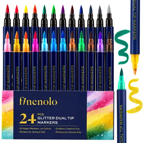 FINENOLO Unisex Dual Tone Shimmer Glitter Colored Brush Markers (12-24 Pcs, 24-48 Colors) Aesthetic Different Colors Glitter Pens with Flexible Tips, Art Supplies for Adults' Coloring & Craft Gifting BlackFriday