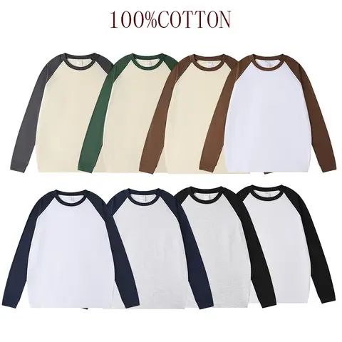 Men's 100% High-Quality Cotton Crew Neck Retro Color-Block Raglan Long-Sleeve T-Shirt - Brown/White Vintage Fabric, Loose Unisex Fit, All-Seasons Streetwear Top, Breathable Comfort, Party-Ready, Paired with Cargo Pants