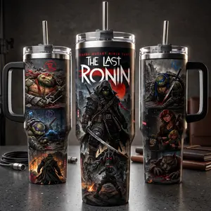 TMNT The Last Ronin Tumbler, Teenage Mutant Ninja Turtles 40oz Cup with Handle, Last Survivor Michelangelo 20oz Stainless Steel Travel Mug, Comic Fan Gift, TMNT Inspired Insulated Tumbler Featuring Epic Gritty City Design.