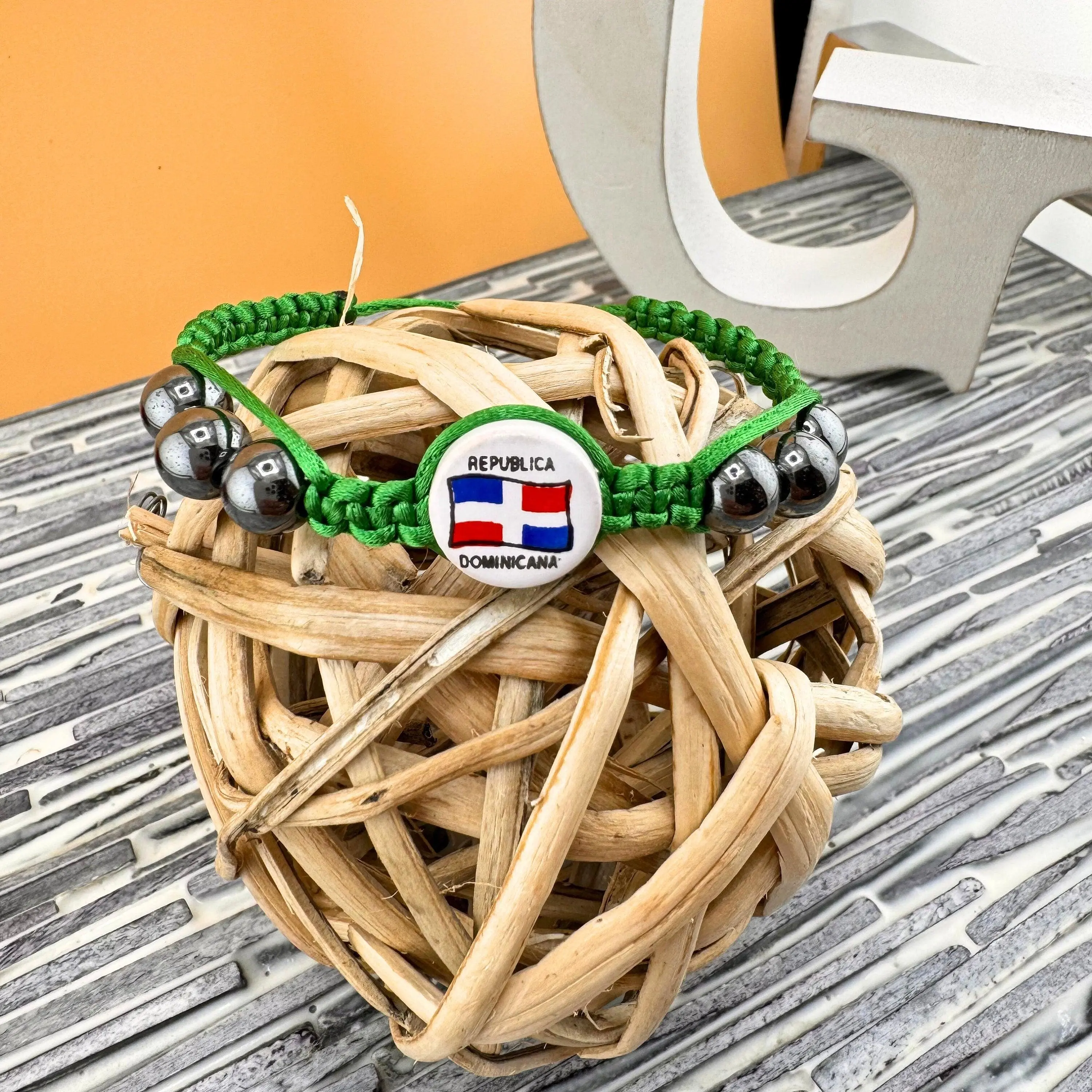 Dominican Republic Flag Bracelet Adjustable Various Colors Hematite Gemstone 8mm & 6mm Nylon Braided Bracelets for National Pride Fashionable Heritage Trendy