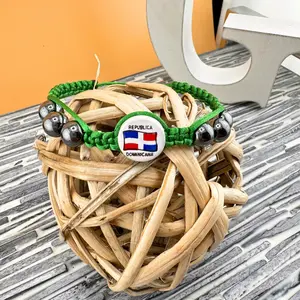 Dominican Republic Flag Bracelet Adjustable Various Colors Hematite Gemstone 8mm & 6mm Nylon Braided Bracelets for National Pride Fashionable Heritage Trendy