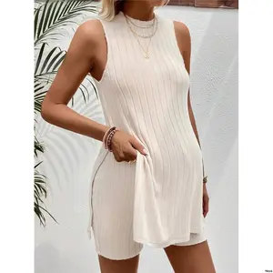 tiktokMaternityVacationCasualSolidColorSideSplitTankTopAndShortsSet