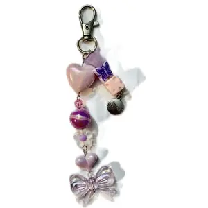 Purple Heart Keychain with Beads, Butterfly, and Bow Charm, Purple Color