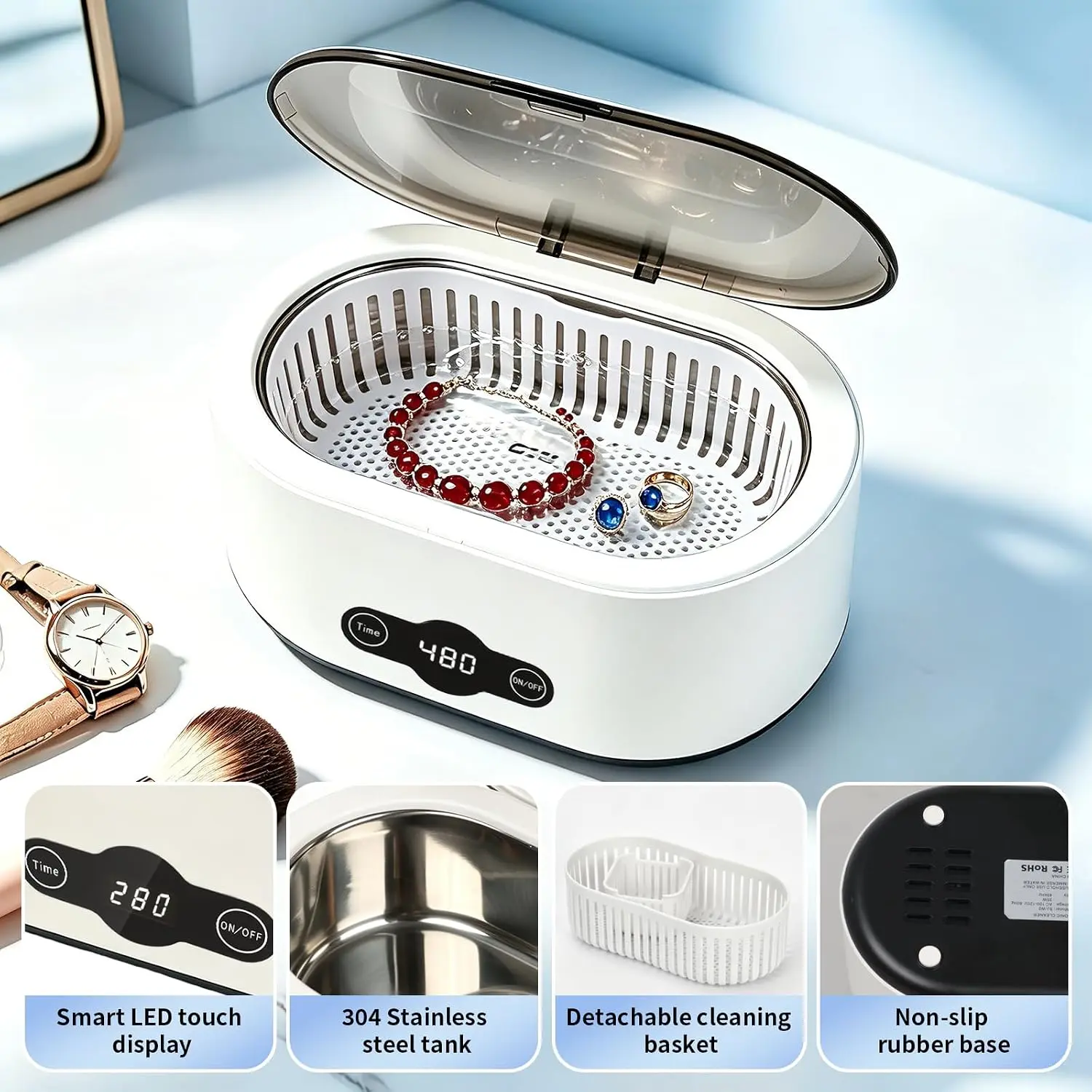 Ultrasonic cleaner for rapid, deep cleaning—suitable for eyeglasses, rings, watch straps, dentures, retainers, coins, makeup tools, and small metal parts.