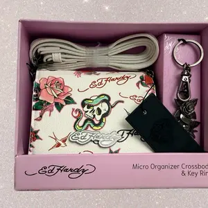 Ed Hardy Y2K Skull Rose Micro Crossbody Bag & Keychain Set - Stylish Organizer with Floral & Skull Design