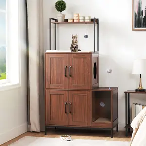 HOOBRO Litter Box Enclosure, Litter Box Furniture with Storage, 2-in-1 Hidden Cat Furniture with Shelf, 2 Dangling Plush Balls and 1 Toy Ball, Large Wooden Cat Washroom, Walnut #SummerVibes #petlovers