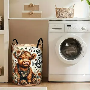 1pcHighland Cow Pattern Laundry Basket, Foldable PP Fabric Dirty Clothes Bin with Handle, Large Capacity Storage Box for Bedroom and Laundry Room