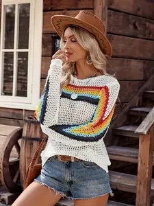 Rainbow Striped Crochet Knit Sweater Knitwear, Womenswear, Boho Hollow Out Long Sleeve Round Neck Fitted Pullover Top, Casual See Through Breathable Mesh Knit Shirt For Women, Summer Spring Beach Vacation Bohemian Outfit, Western Style Daily Wear