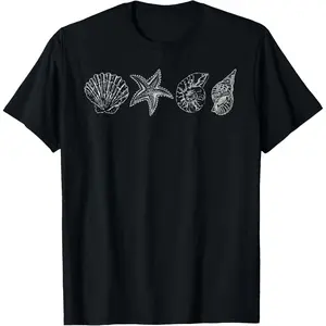 Women's 100% Cotton Round Neck Short-Sleeve Breathable Casual T-Shirt - Seashell, Starfish Print for Ocean Lovers' Hawaii Beach Summer Vacation