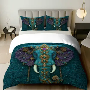 3PCS Duvet Cover Set, 1 Duvet+2 Pillowcases(Without filler), Elephant Mandala Bohemian Ethnic Artistic theme, Diwali bedding set, Luxury Indian style Suitable for decoration bedroom living room meditation space yoga studio.