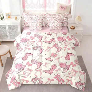 Cowgirl 7 Pieces Bedding Set,Western Cowboy Boots Pink Bowknots Bed in a Bag for Kids,Dreamy Fairy Tale Princess Starry Pink Beige Comforter Set with Sheets,Pillow Covers