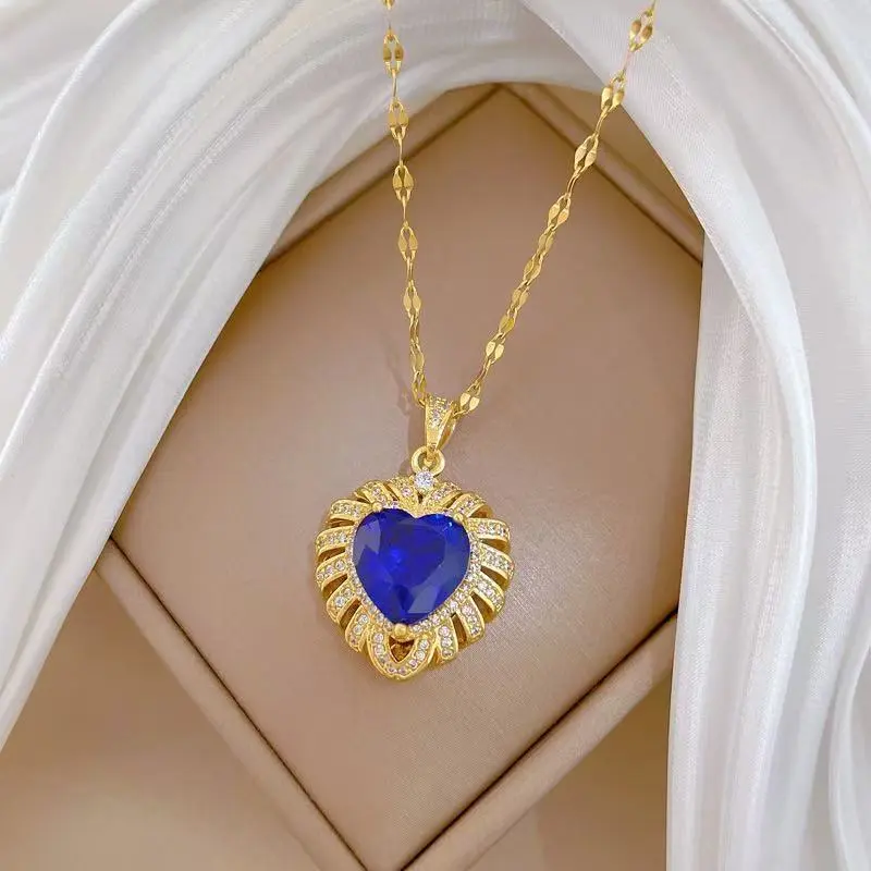 LisiZen [Titanium Steel] Light Luxury Full Diamond Micro-Inlaid Zircon Heavy Industry Heart Statement Necklace Copper Plated Real Gold Pendant INS Style DZXL4240