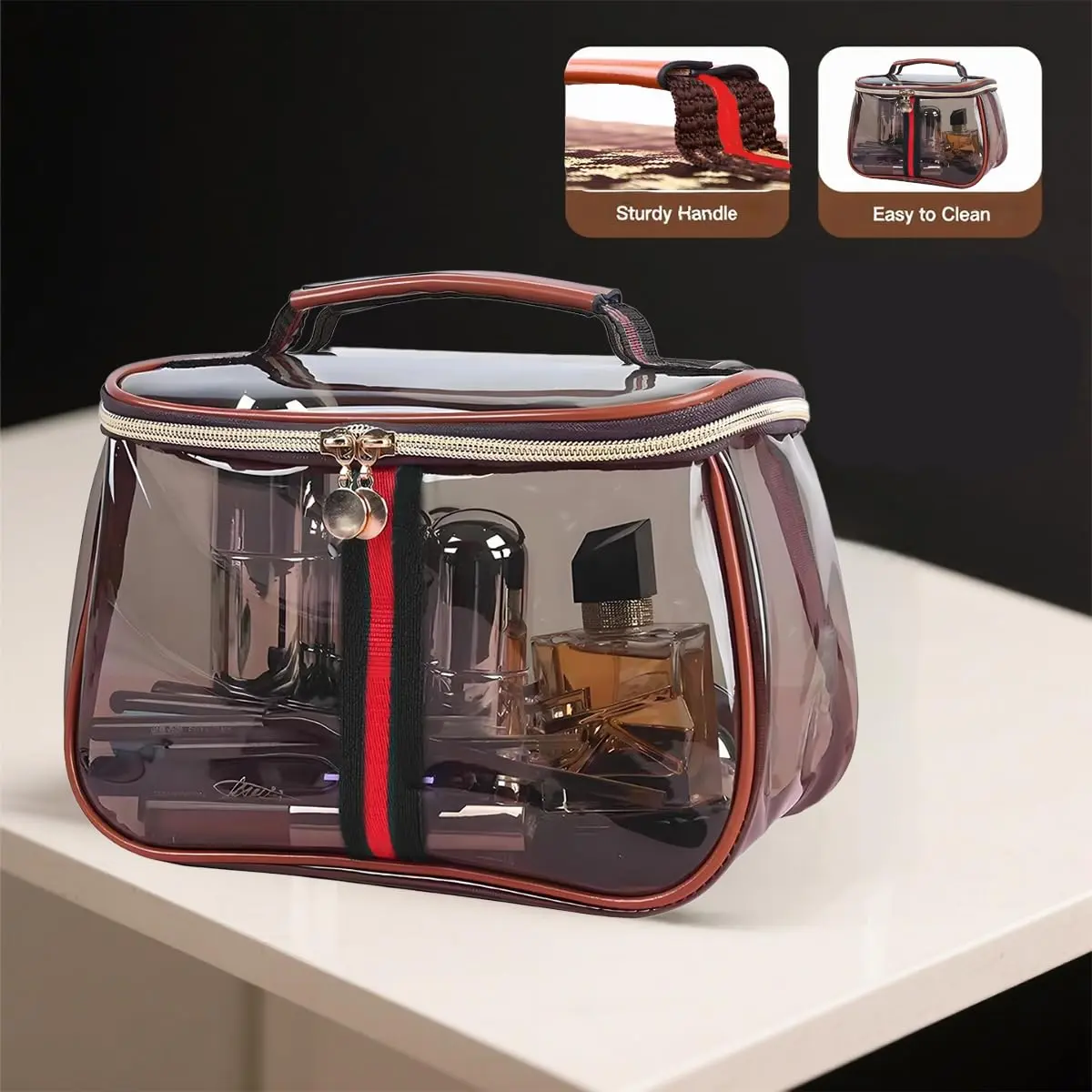 Women's New Retro Vintage Makeup Bag, Large-Capacity Waterproof Transparent Vanity Bag, Luxury Travel Toiletry Storage Case (Coffee), Makeup Bags
