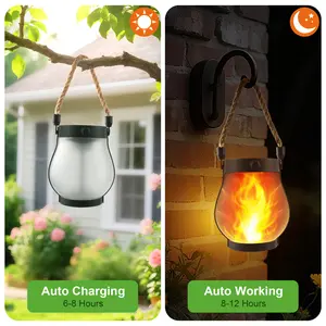 Solar Lanterns Lights, Halloween Flickering Flame Garden Lights with 2 Modes Dual Charging USB & Solar, Outdoor Waterproof Hanging Lantern for Party Holiday Halloween Decor (Warm White)
