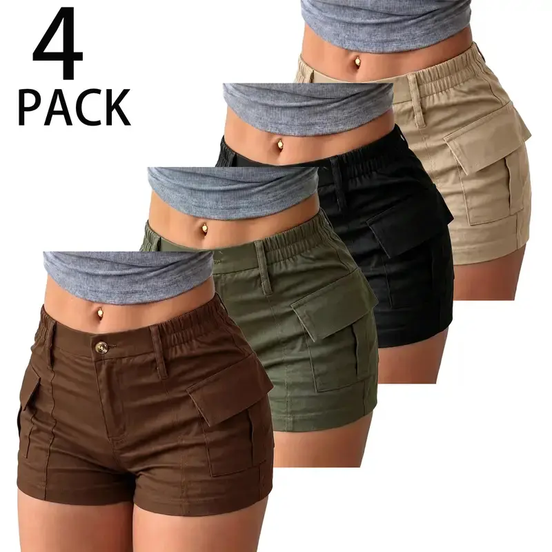 Women’s high-waisted cargo shorts four-piece set featuring a front button-and-zip closure, full pant waistband compatible with belts, elastic back waistline, exposed reinforced stitching with visible lines, dual side flip 3D cargo pockets, segmented slim
