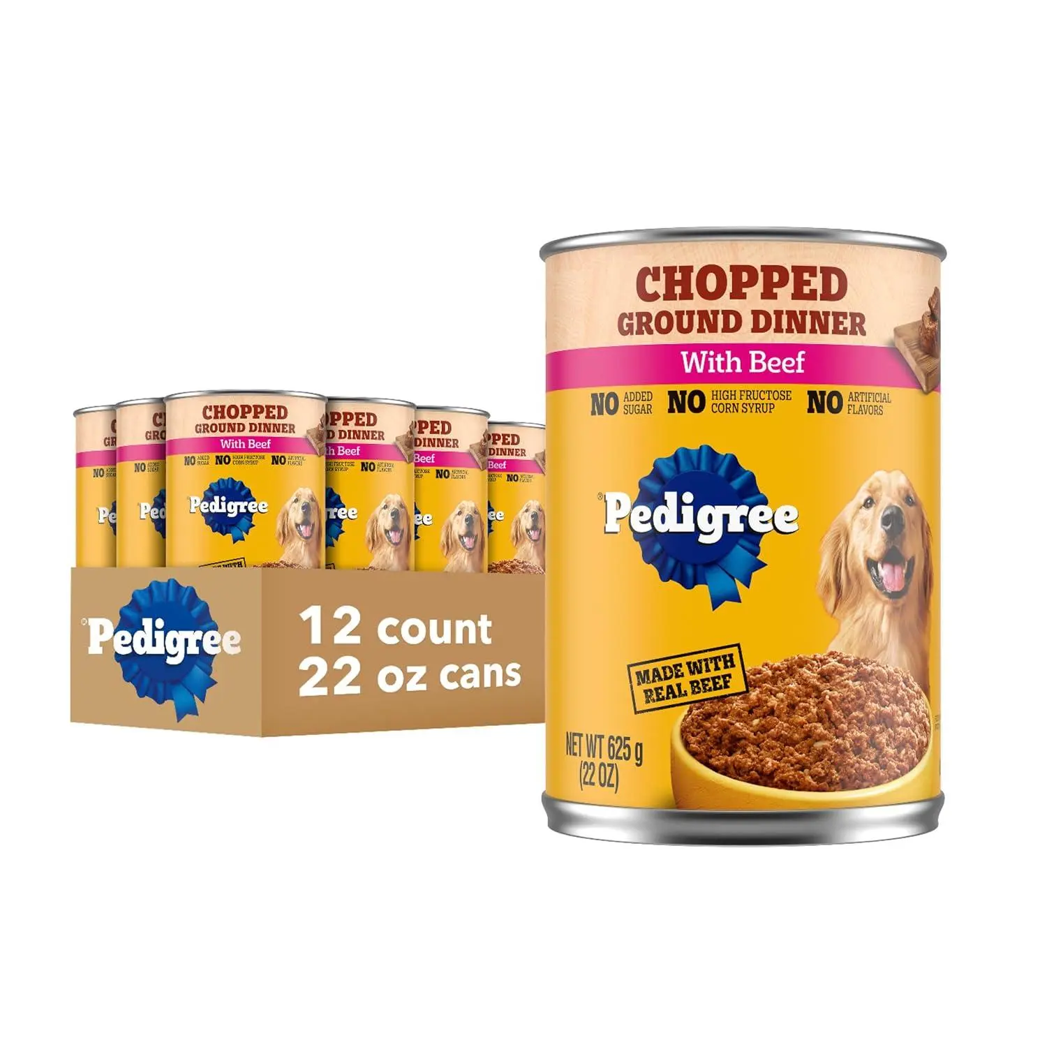 Pedigree Chopped Ground Dinner Wet Dog Food, Chicken, 13.2 oz, 12 Count | 100% complete & balanced, slow cooked with real chicken, supports lean muscles, serve as topper or complete meal