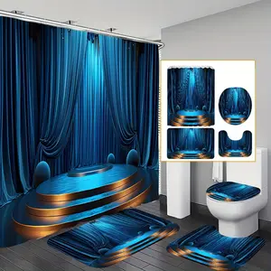 Blue Stage Shower Curtain Set, Waterproof Shower Curtain, Non-Slip Floor Mat, Toilet Seat Cover, 12 Plastic Hooks, Bathroom Accessories