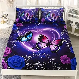 3pcs Purple Butterfly Printed Bedding Set, Breathable, Soft, Suitable for All Seasons, Durable and Tear Resistant Polyester, Birthday Gift, Suitable for Bedroom Hotel Decoration, (Includes 1 Bed Sheet and 2 Pillowcases) No Fill