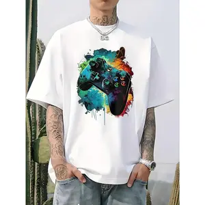 Men'S Gaming Controller Graphic T-Shirt - 100% Cotton Loose Fit Casual Short Sleeve Round Neck Tee With Vibrant Print, Machine Washable For Everyday & Outdoor Wear, Gamer T Shirt, Gaming Fan Apparel