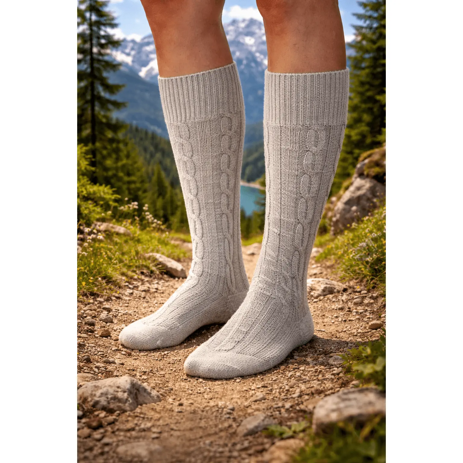 Mens Knee-High Lederhosen Socks (1-Piece)  Solid Beige Cotton Trachten Socks