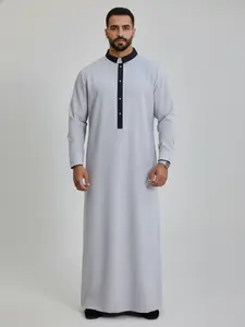 Men’s Grey Thobe - Embroidered Long Sleeve Arab Kaftan, Formal Islamic Robe for Eid, Prayer & Daily Wear Casual Muslim