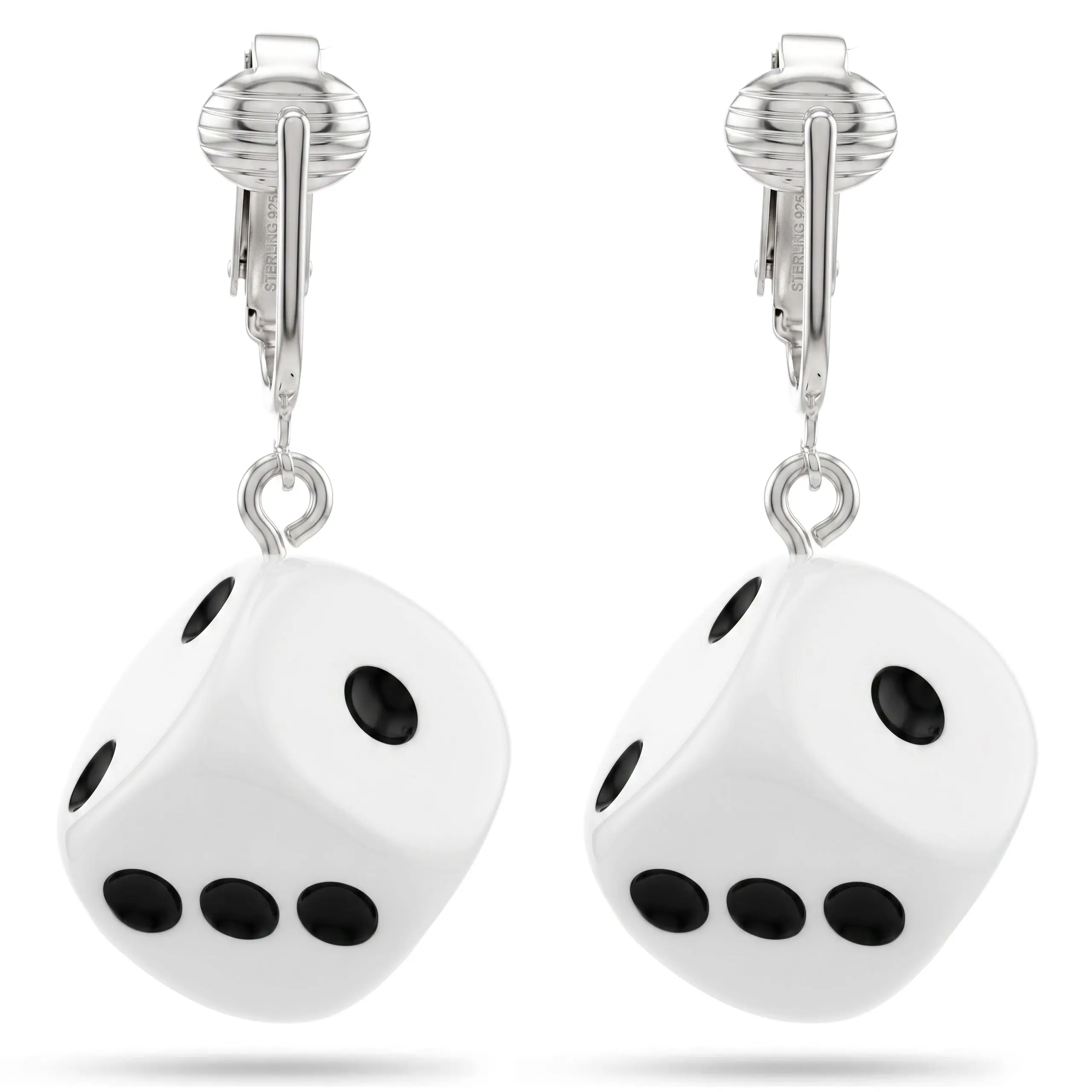 White Dice Silver Clip On Dangling Earrings