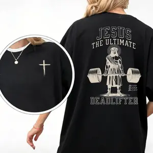 Retro Washed T-Shirt Double Sided Printed (230 Pure Cotton T-Shirt) 'JESUS THE ULTIMATE DEADLIFTER' Letter Print, Christian Gift, Men's T-Shirt, Men's Casual, Comfortable, Fashionable T-Shirt, Street Style Cotton