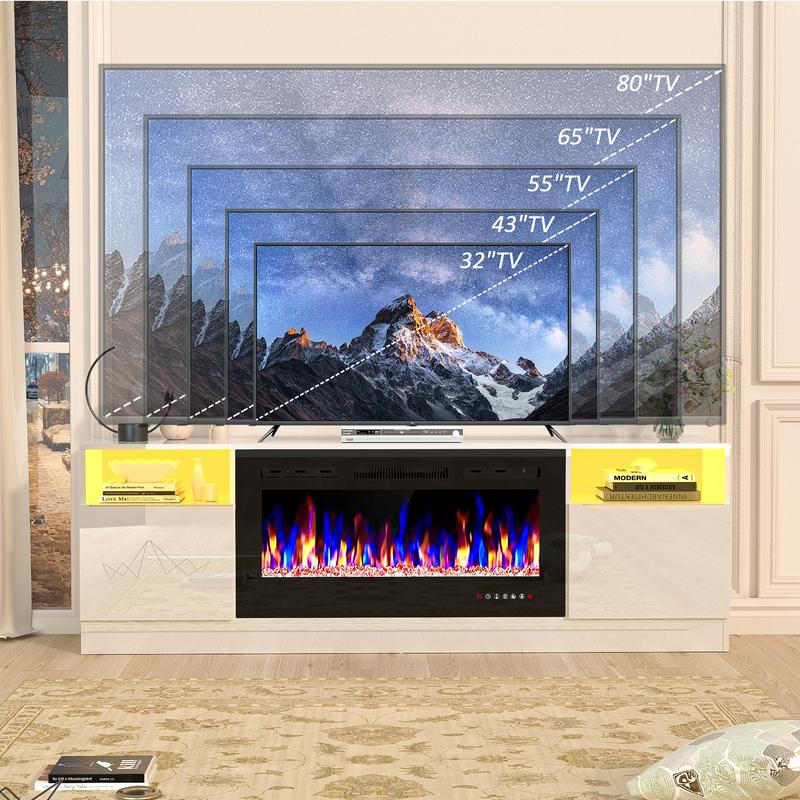 【2 Packages Shipping】Dragosum 70" Fireplace TV Stand,  LED Light Entertainment Center, TV Stand for TVs Up to 80" with 36" Electric Fireplace, TV Console for The Living Room,Storage Cabinet, Media Console Table