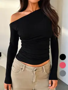 Women's Asymmetrical Neck Long Sleeve Top, Slim Fit Casual Blouse, Elegant Fashion Shirt for Daily Wear, Ladies' Stylish Clothing