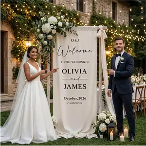 Personalized Wedding Welcome Linen Tapestry, Custom Bride Groom Name Banner, Elegant Ceremony Reception Backdrop Decor