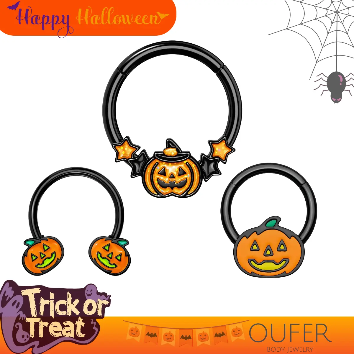 Oufer Halloween 16G Witchy Pumpkin w/Star Septum Nostril Piercing Nose Ring  Helix Piercing Ring 316L Stainless Steel Bar Inner Diameter 8mm 10mm