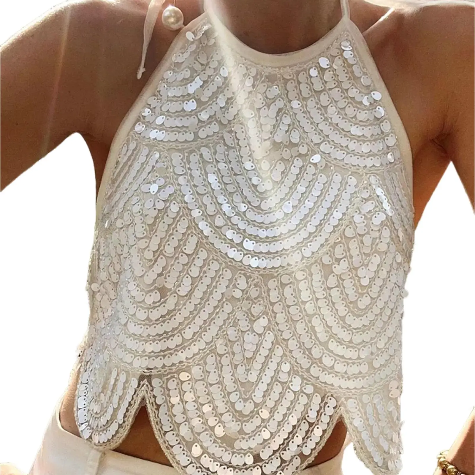 Women's Adult Multicolor Sequin Halter Neck Crop Vest - Fitted, Backless Design Tie-Up, 36.5 cm Length, 100% Elastane Stretch Elastic, Cold Wash, for Summer Club Parties