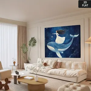 2D Flat, Mermaid Wall Art Canvas Poster with Wood Frame - 2D Flat Wrapped Mermaid Girl in White Dress Riding Whale Shark, Blue & White Ocean Theme Painting for Living Room, Bedroom, Bathroom, Kitchen, Home Office, Classroom Decor - Modern Minimalist