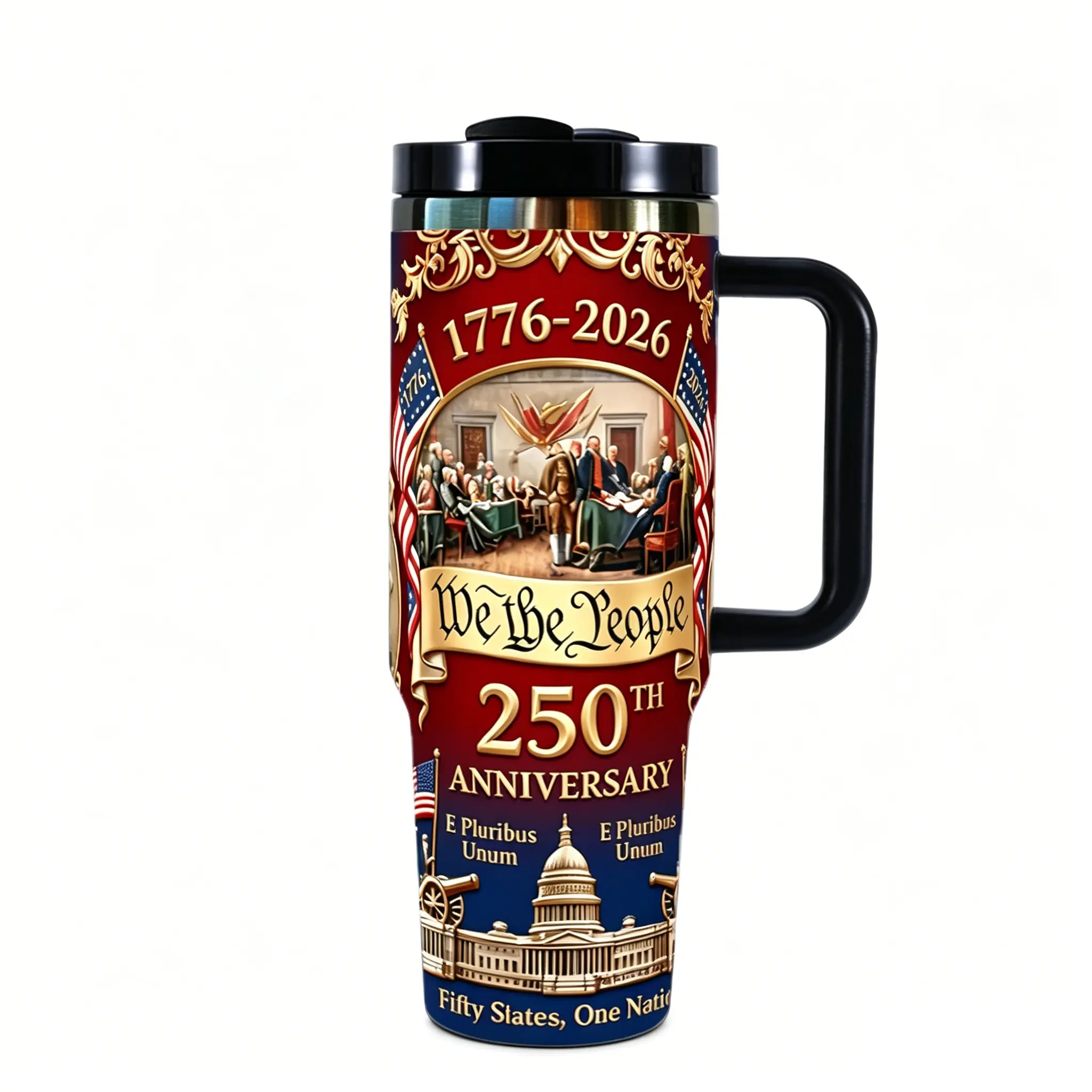 40oz Stainless Steel Insulated Tumbler with Handle and Straw Lid - 250th Anniversary Patriotic Kitchenware Travel Car Mug