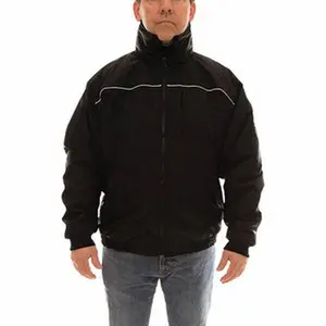 Tingley J26113.LG Long Sleeve Work Safety Jacket - Size L Black Clothes, 7 Pockets, 44-46" Chest, 0.25mm Polyurethane on 300 Denier Woven Polyester, Roll-A-Way Hood, Zipper Fly Front Closure, Stitched & Taped Seams, Elastic Wrists