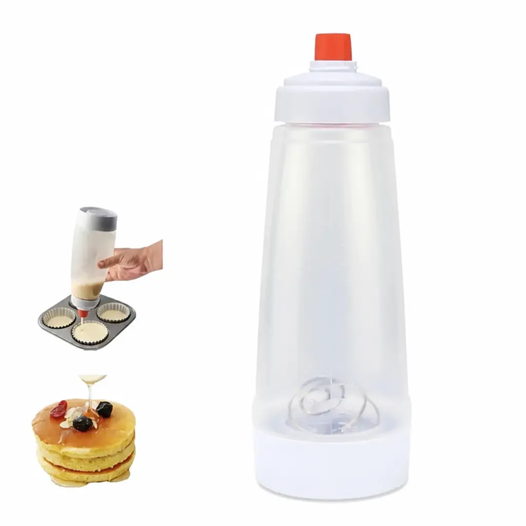 Multi-Use Pancake Batter Dispenser with Built-in BlenderBall Mixer, for Pancakes Waffles Muffins Cupcakes Baking, Smooth Easy-Pour Spout, 4.5 Cup Large Capacity Reusable Plastic Silicone Bakeware, Practical Spring Kitchen Cooking Utensil Value Pack