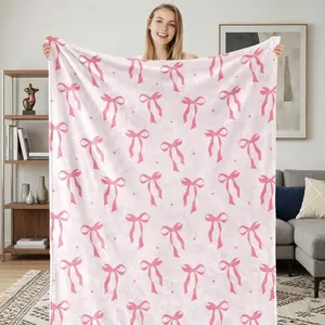 Pink Bow Fuzzy Blanket Cute Bowknot Throw Bowtie Cozy Flannel Princesscore Vibe Sweet Romantic Gift Valentines Day Home Bed Sofa Couch Chair Coquette Aesthetic Room Decor
