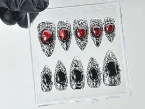 Gothic Vampire Jewel Press On Nails | Red Black Gem Nails with Metal Frame Fake Nails