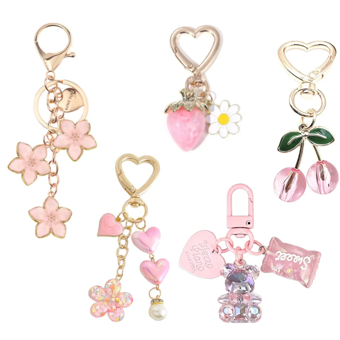 5Pcs Purse Charms Accessories Set with Chain Extender, Cherry Flower Bow Bag Charms for Handbags