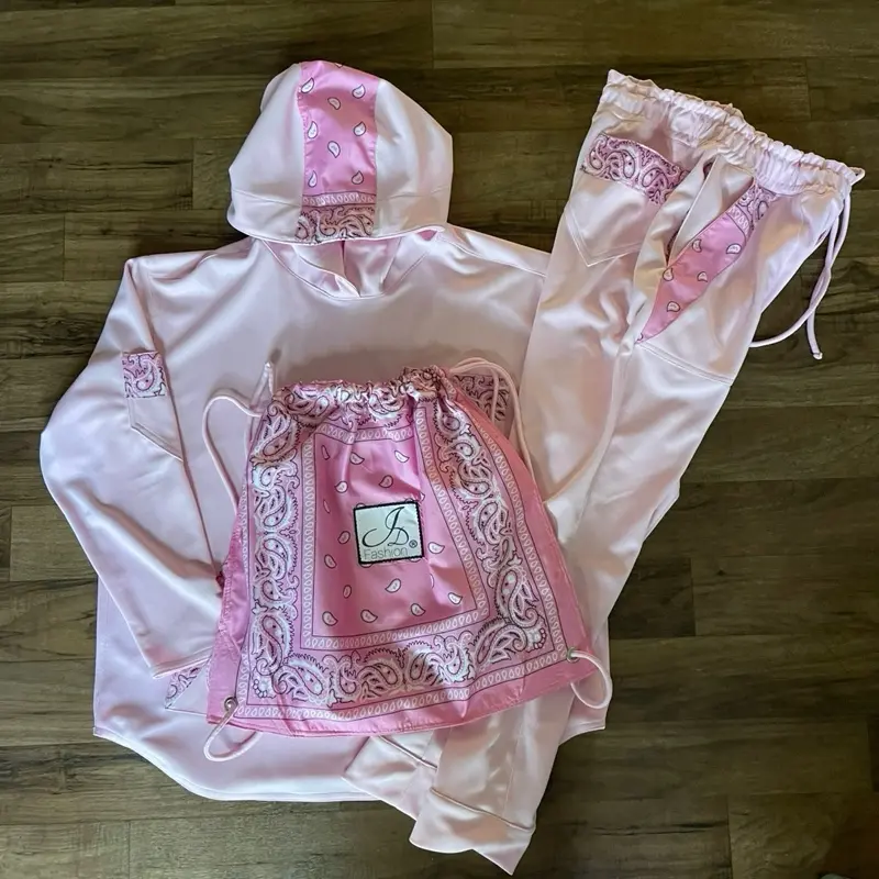 JD Fashion Men Custom Lt Pink Bandanna Trim Long Sleeve Shirt Hoodie & Jogger Pant Set Casual Menswear