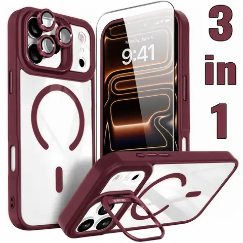 3-in-1 Shockproof Stand Protective Case for iPhone 18 Pro Max 18 17 16 15 14 13 12 11, with Screen Protector & Camera Lens Protector iPhone Case Cover
