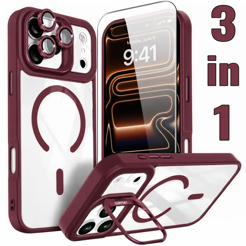 3-in-1 Shockproof Stand Protective Case for iPhone 18 Pro Max 18 17 16 15 14 13 12 11, with Screen Protector & Camera Lens Protector iPhone Case Cover
