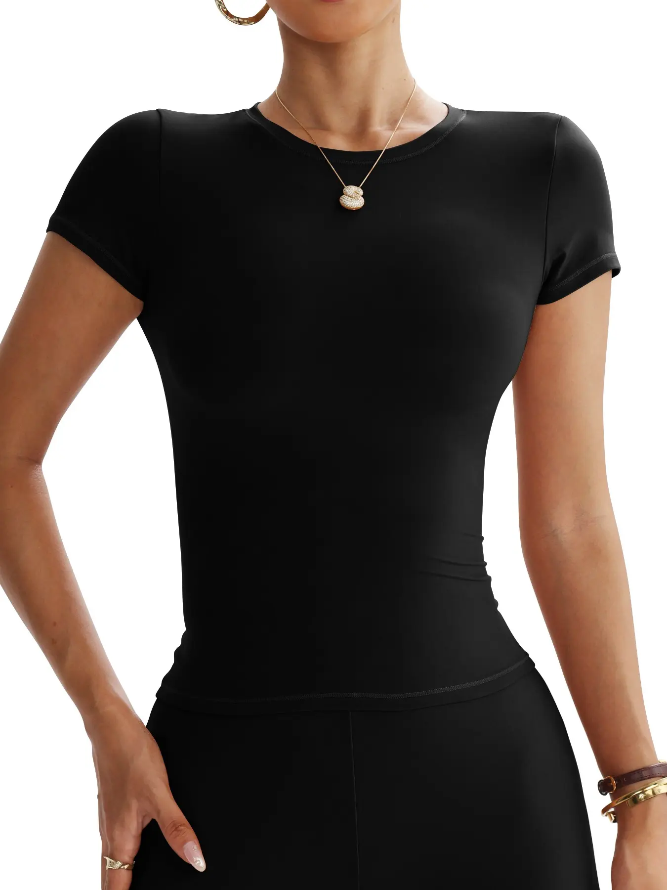 Women's nylon elastic short-sleeved, tight-fitting seamless fitness T-shirt, Exercise activewear, Breathable sportswear top, moisture-wicking, suitable for all seasons, comfortable and breathable, suitable for fitness and casual wear