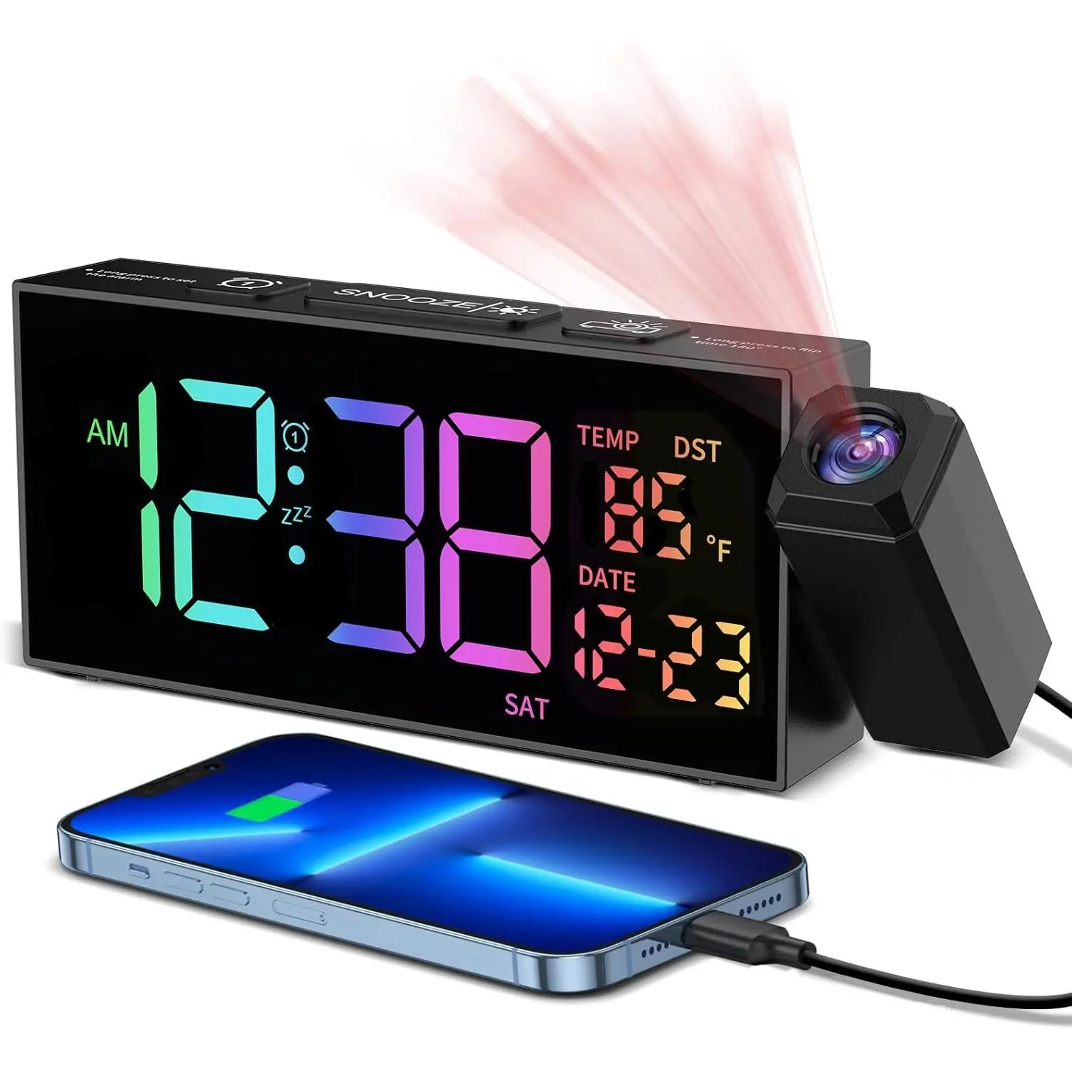 Projection Clock for Bedroom Ceiling,  Clocks with 350? Rotatable Projector, Date Temperature and Weekday, Manual DST, 5 Brightness, 10 Ringtones, 4 Volumes and Snooze (RGB)
