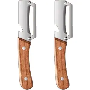 2 Pack 2 in 1 Multi Functional Vegetable Peeler with Bottle Opener and Wooden Handle Stainless Steel Blade Kitchen Tool for Sugar Cane Potato Fruit Pineapple Pumpkin Papaya Carrot Veggie Peeler