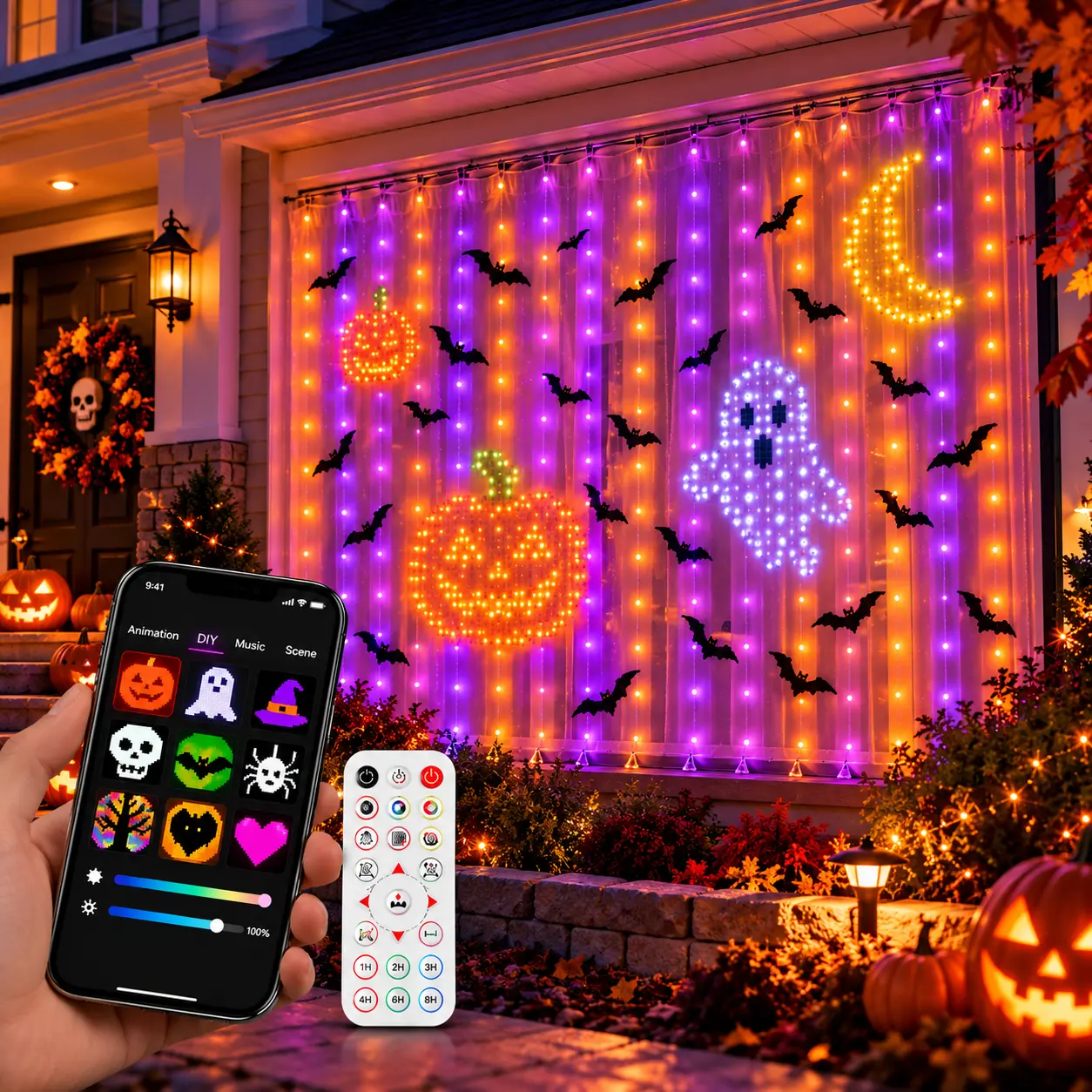 Bat Sticker Curtain Lights, Surplife APP & Remote Control, Music Sync, Outdoor Waterproof, 100+ Dynamic Animations, Halloween Christmas Decorations