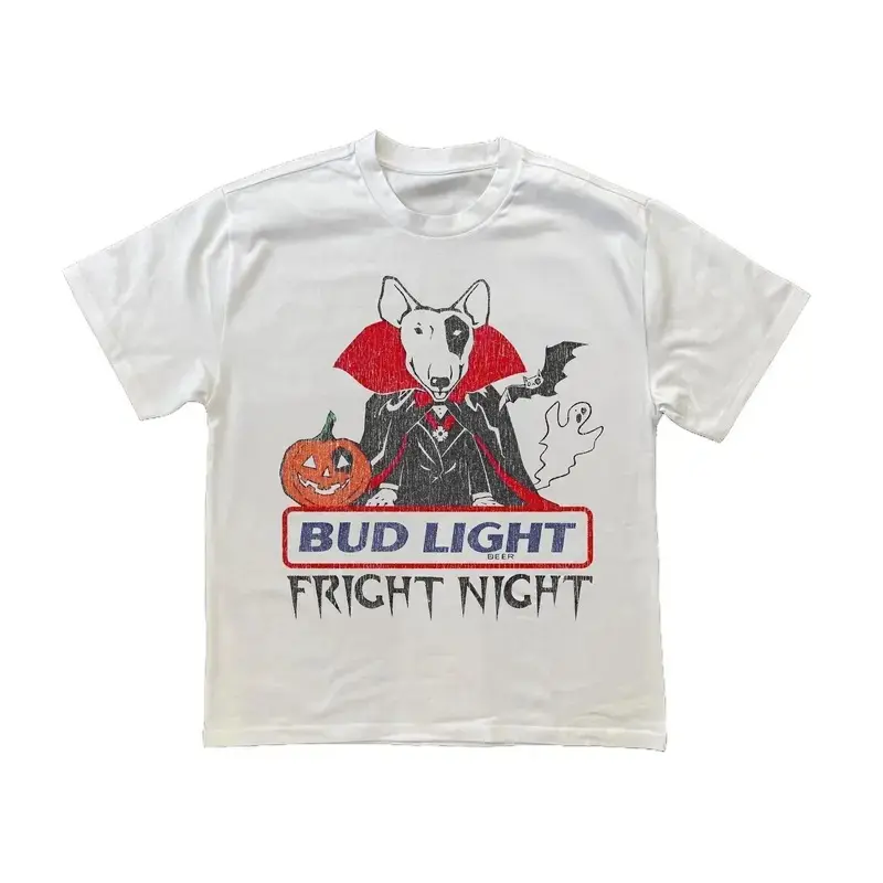 Women's 100% Cotton Vintage Crew Neck T-Shirt, 80'S Bud Light Logo Fright Night Graphic Print, Fitted Cut, Vintage T Shirts, Pure Cotton