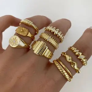 Gold Stackable Rings Set for Women, 10 Pcs Dainty Knuckle Midi Ring Pack, Hypoallergenic Bohemian Starburst Signet Band Geometric Twisted Wavy Statement Jewelry Gift