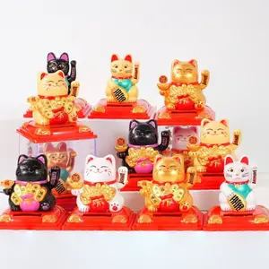 Solar Mini Fortune Cat Figurine, Hand-Waving When Lit, Rich Colors, Compact Size, Chest with Blessing Element, Office Desk Decoration, Feng Shui Ornaments, Office Desktop Ornament, Home Office Decoration