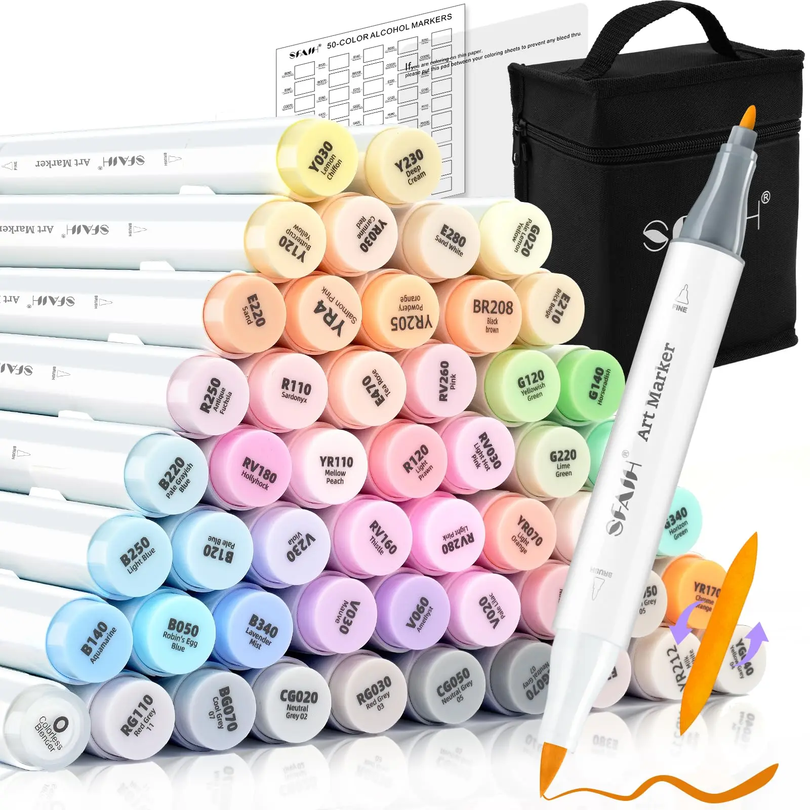SFAIH 51 Colors Pastel Alcohol Markers - 1-6mm Brush & Fine Dual Tip, 50 Pastel Shades, Colorless Blender, Healing Dreamy Art Tool for Artists, Carrying Case (Office Stationery for Illustration), Adult